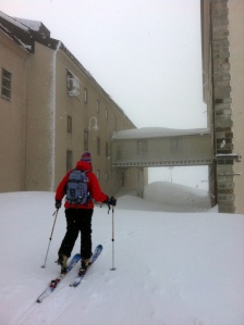 Arriving at the Hospice Grand St Bernard on skis